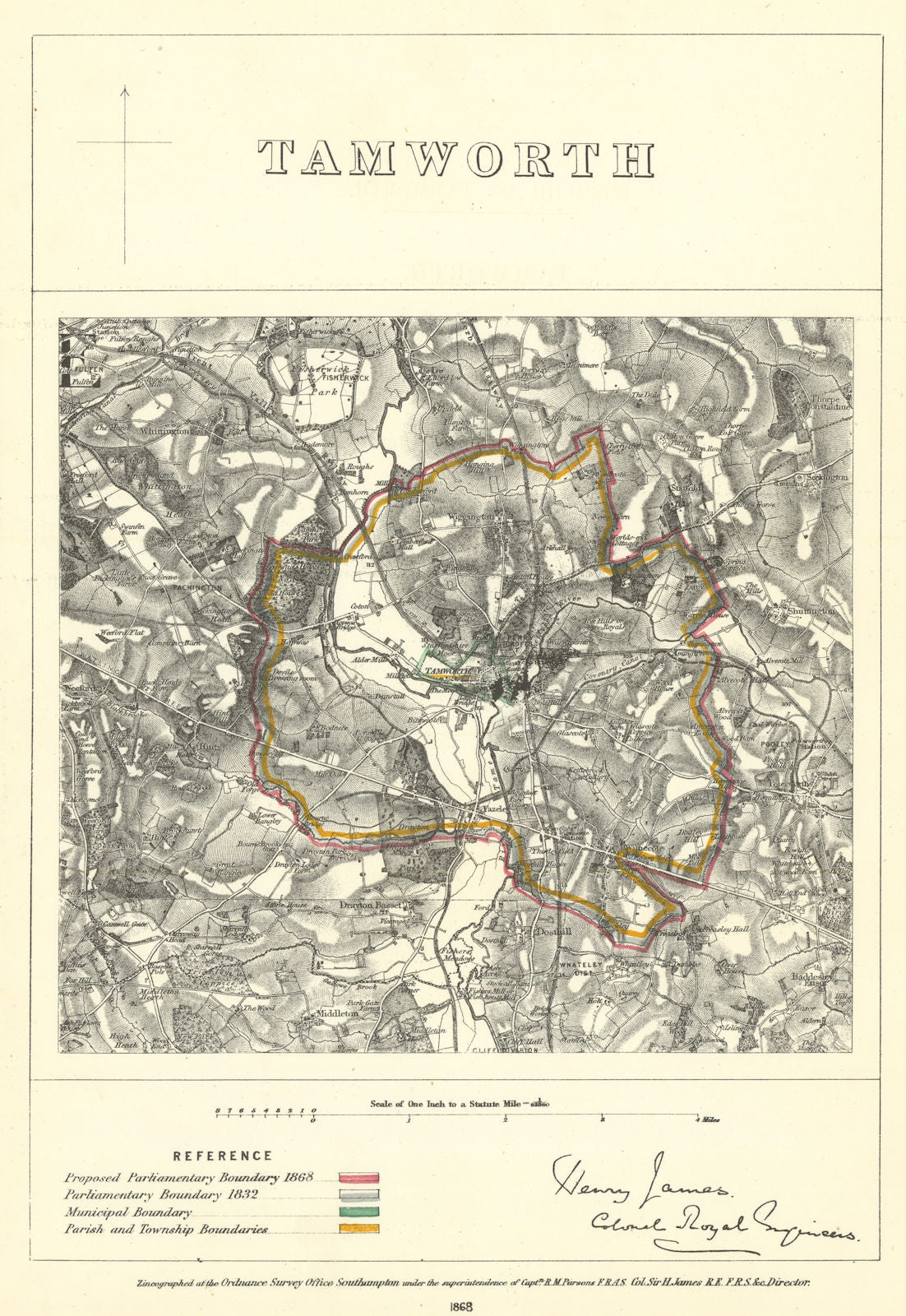 Tamworth, Staffordshire. JAMES. Parliamentary Boundary Commission 1868 old map